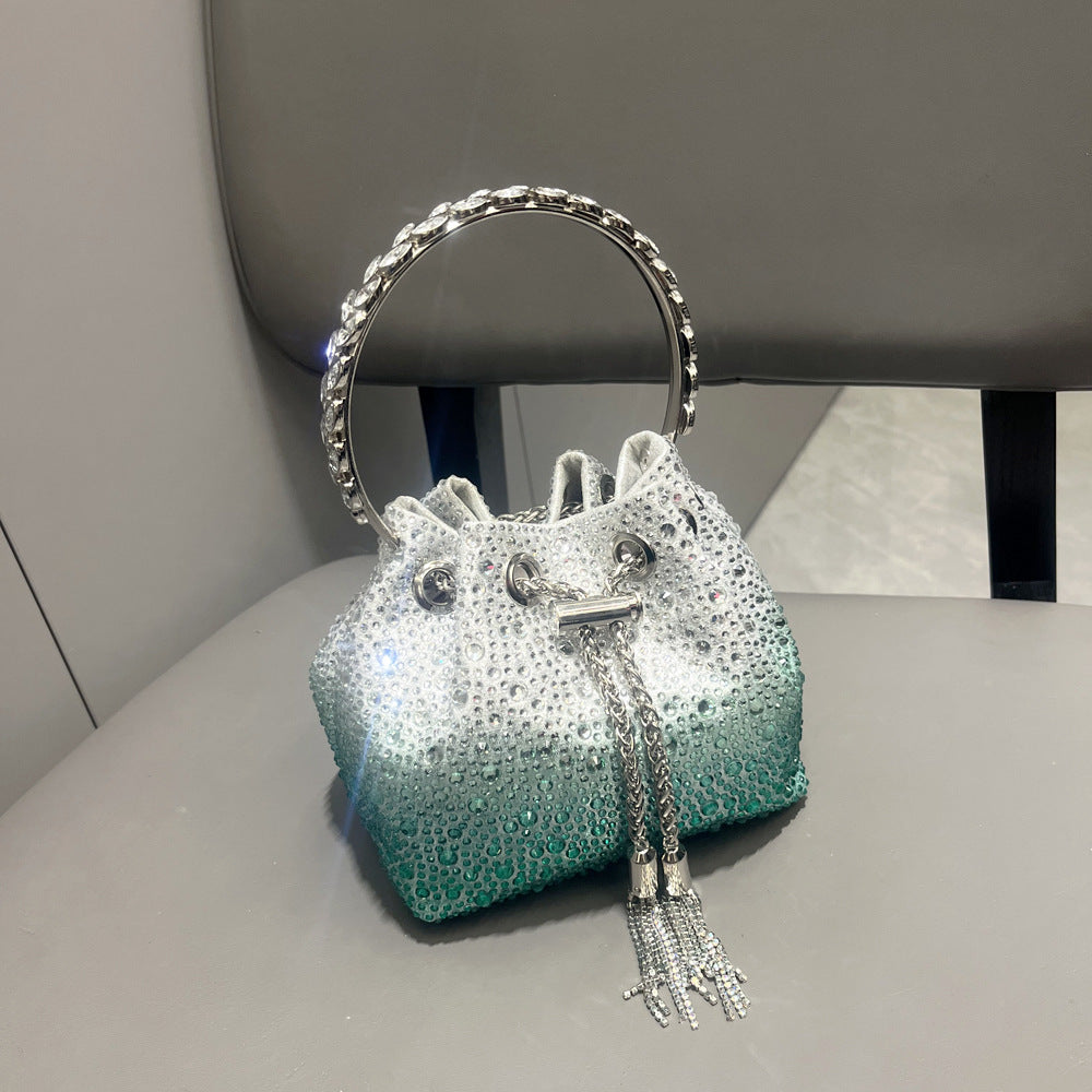Rhinestone Mini Bucket Bag with Tassel Chain