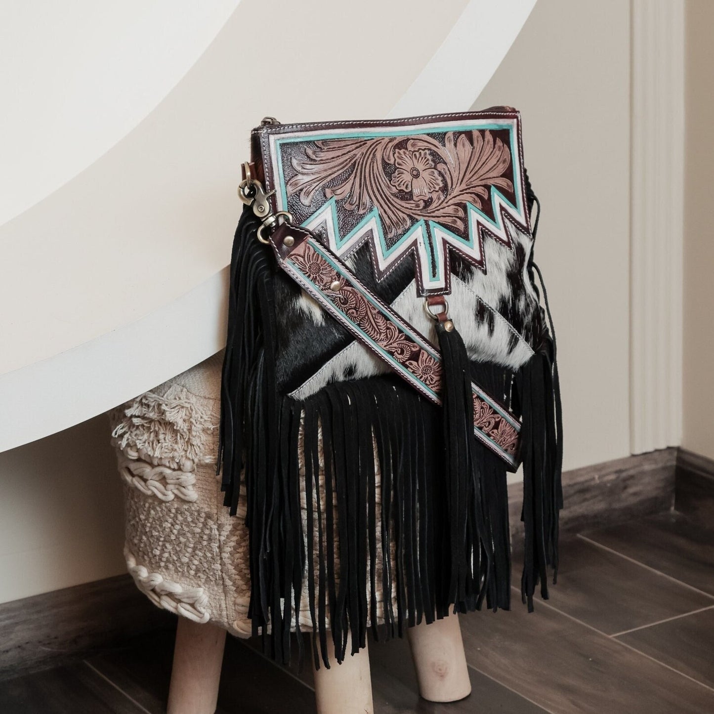 Cowhide Tooled Bag Crossbody Fringe