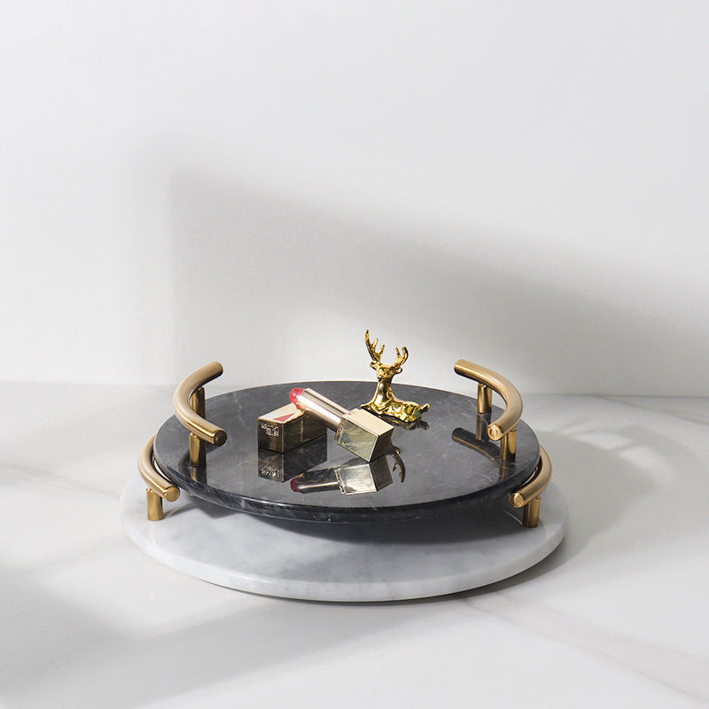 Natural Marble Round Jewelry Tray with Gold Metal Handles