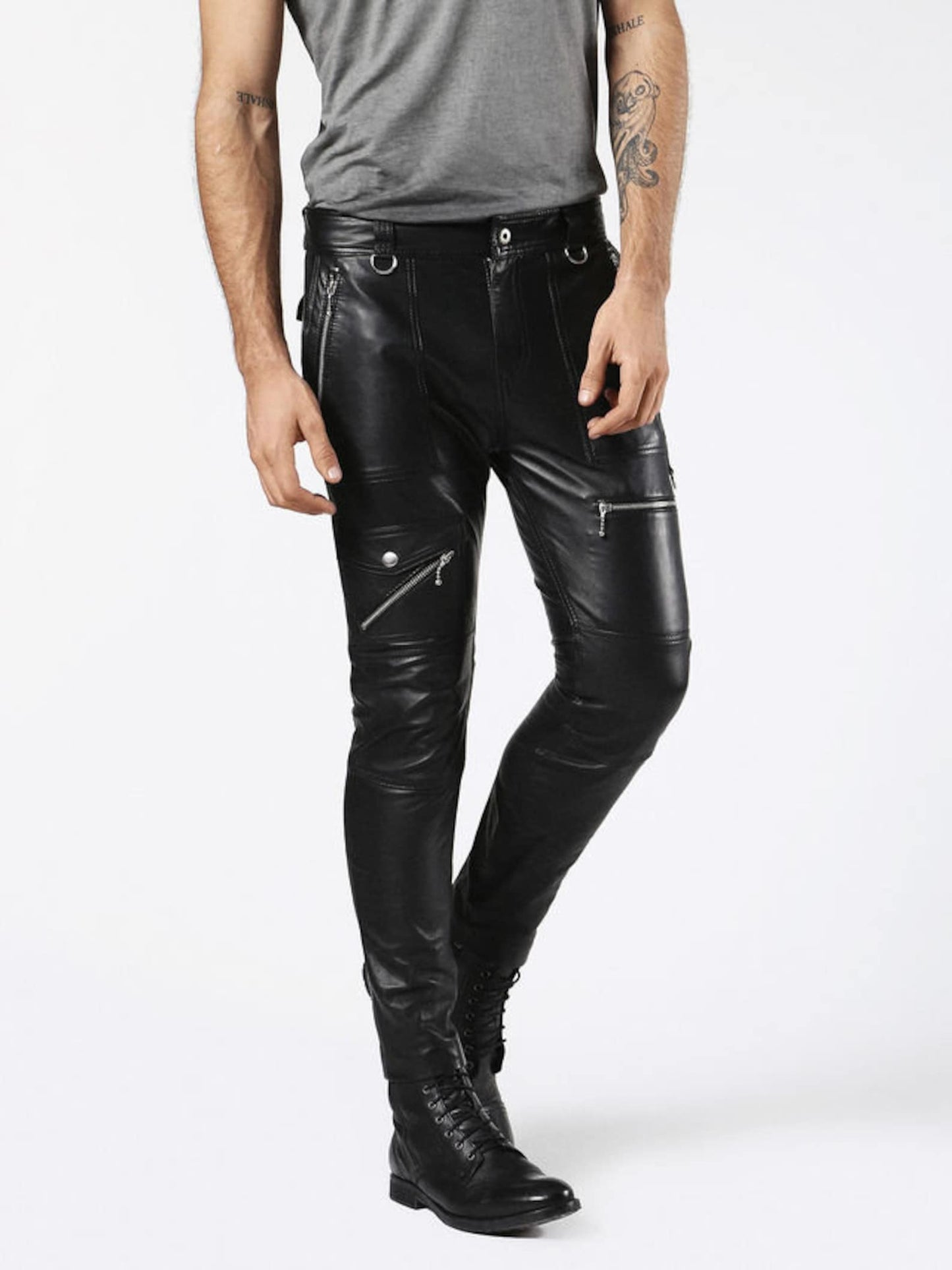 Mens Genuine Leather Biker Pants with Zipper Pockets