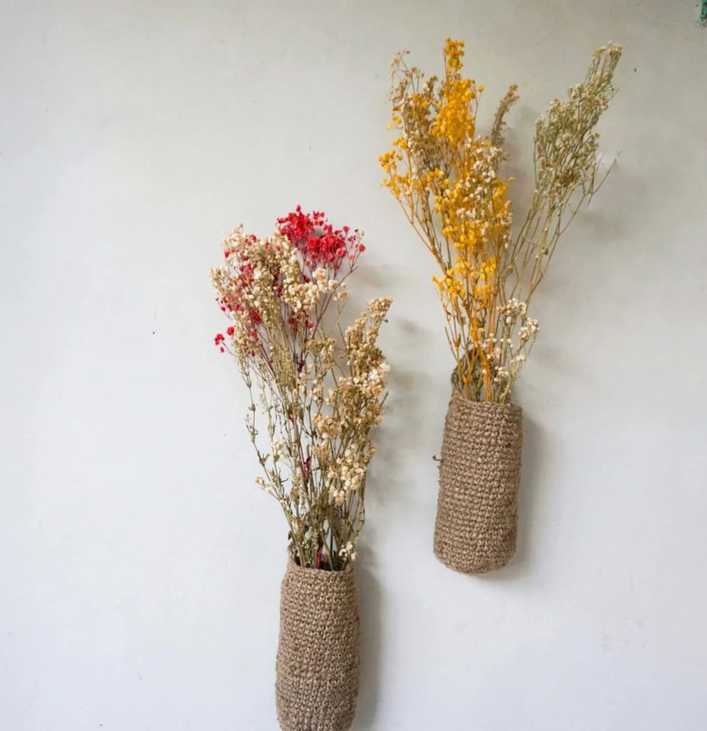 Jute Crochet hanging basket for dried flowers Set of 2 Natural