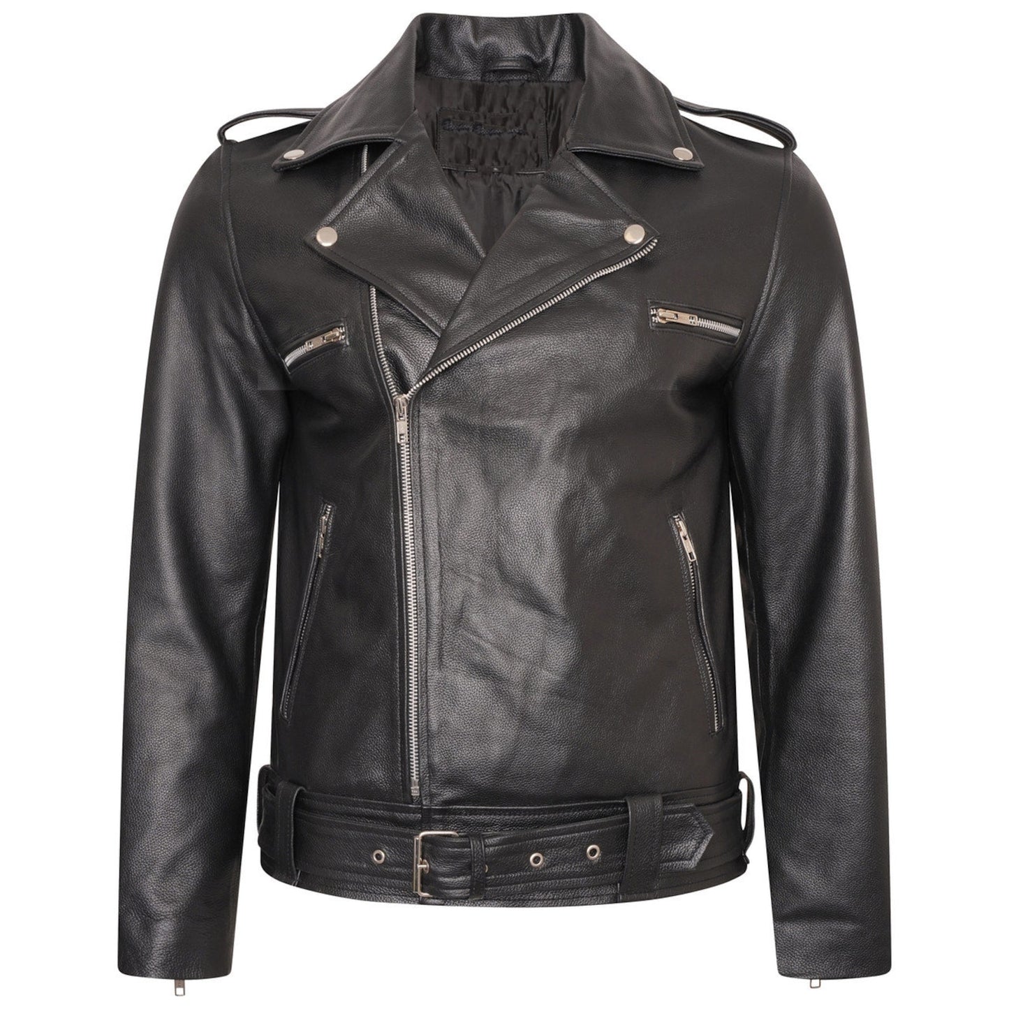 Man wearing a classic black leather jacket with zippered details, paired with jeans and sunglasses.