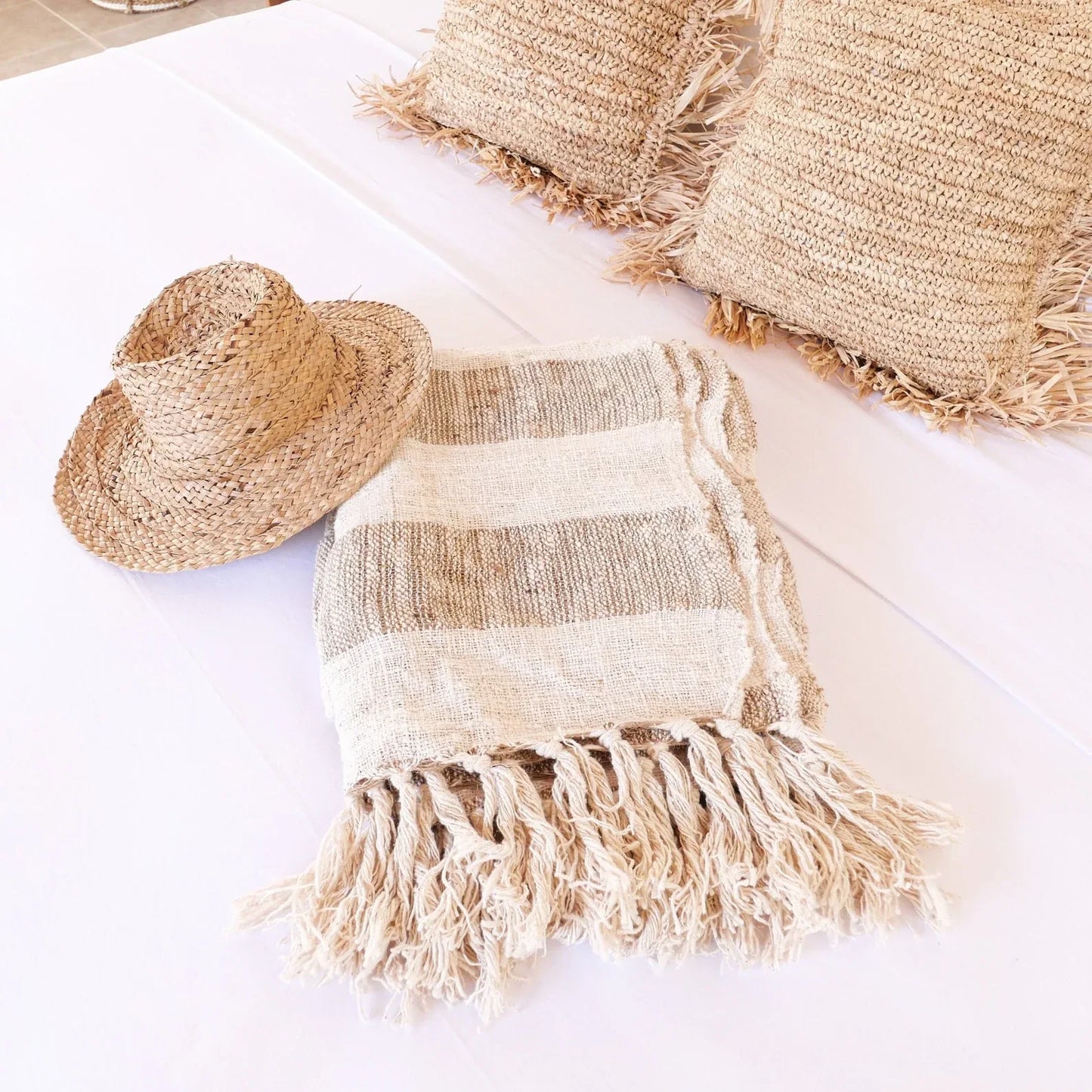 Cotton Linen Handmade lightweight fringed throw blanket