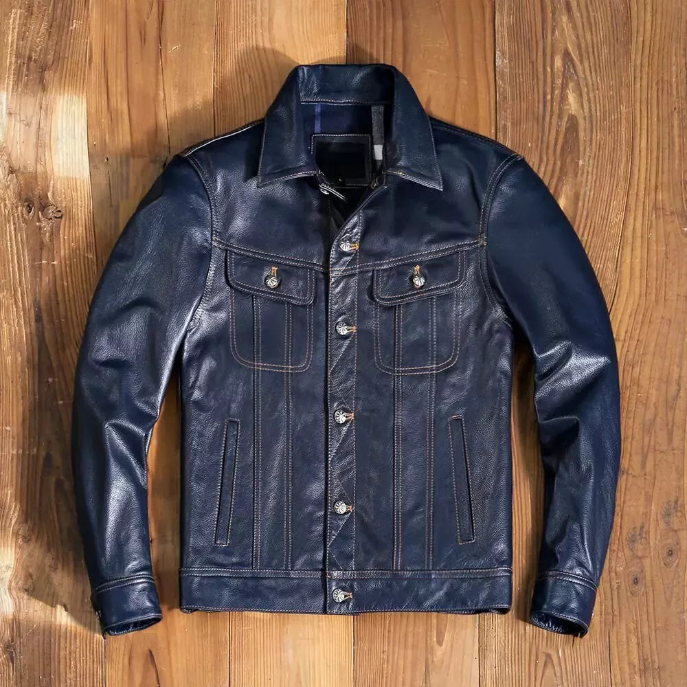 mens leather trucker jacket blue