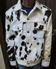 Stand out in this black and white cowhide jacket for men, made with real cow fur. Western print coat ideal for rodeo wear, street style, and cowboy outfits.
