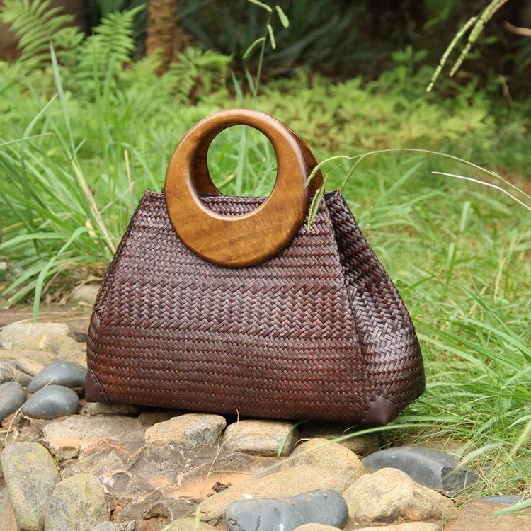 Women’s Woven Rattan Straw Handbag with Wooden Handle