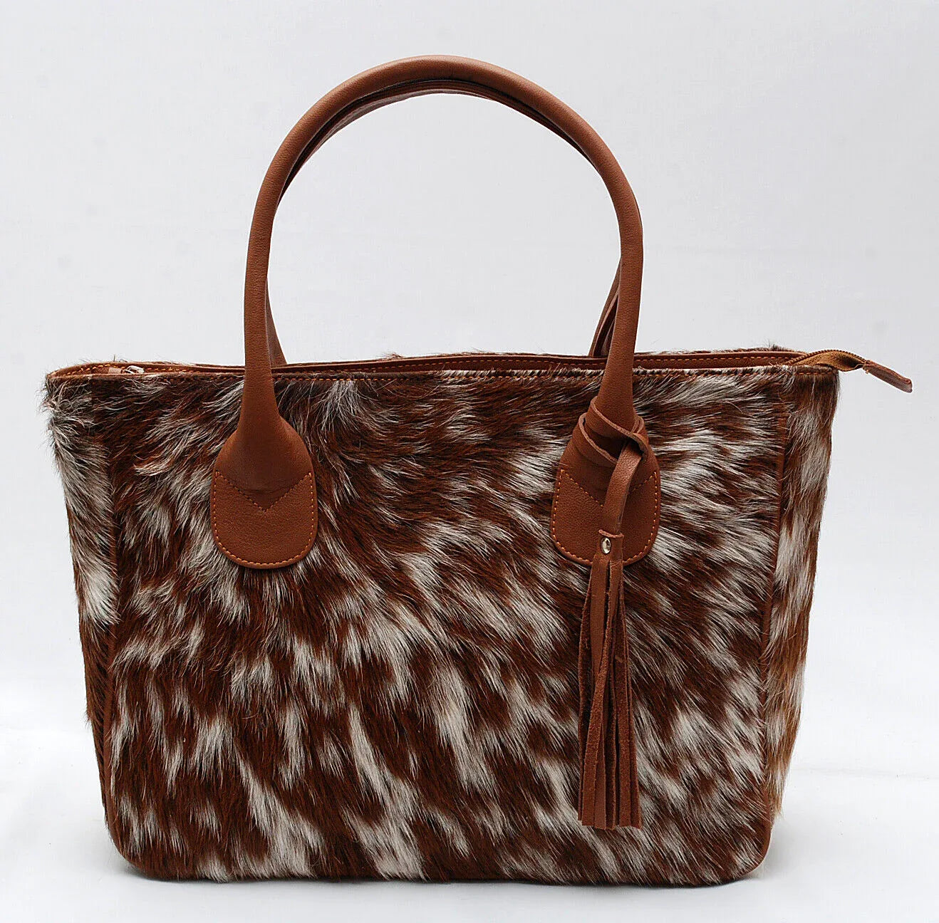 Large Brown White Cow Fur Shoulder Purse