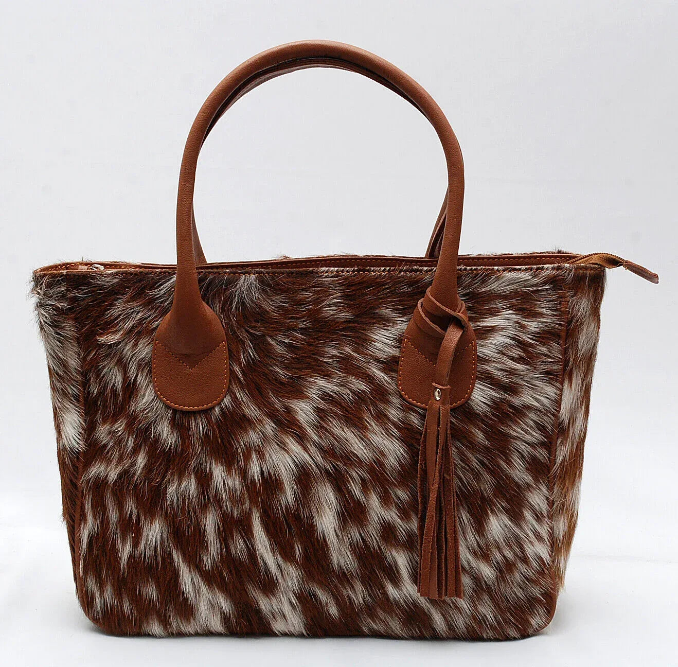 Large Brown White Cow Fur Shoulder Purse