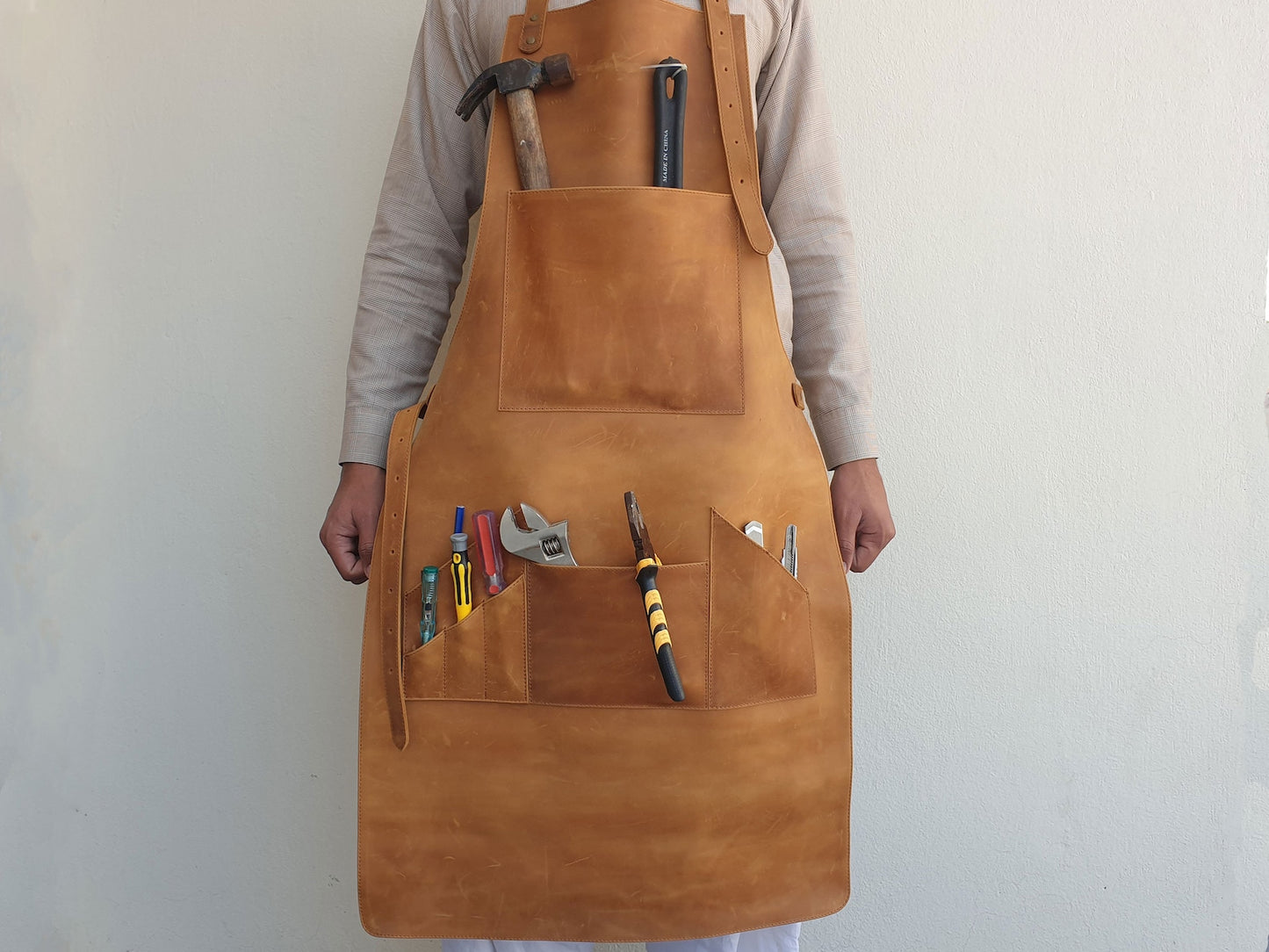 Custom handmade leather woodworking apron with pockets