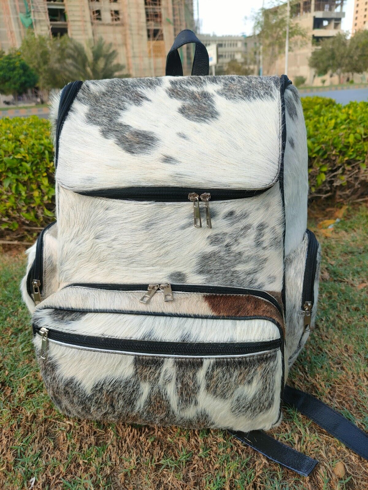 Real Hair On Cowhide Backpack Grey White