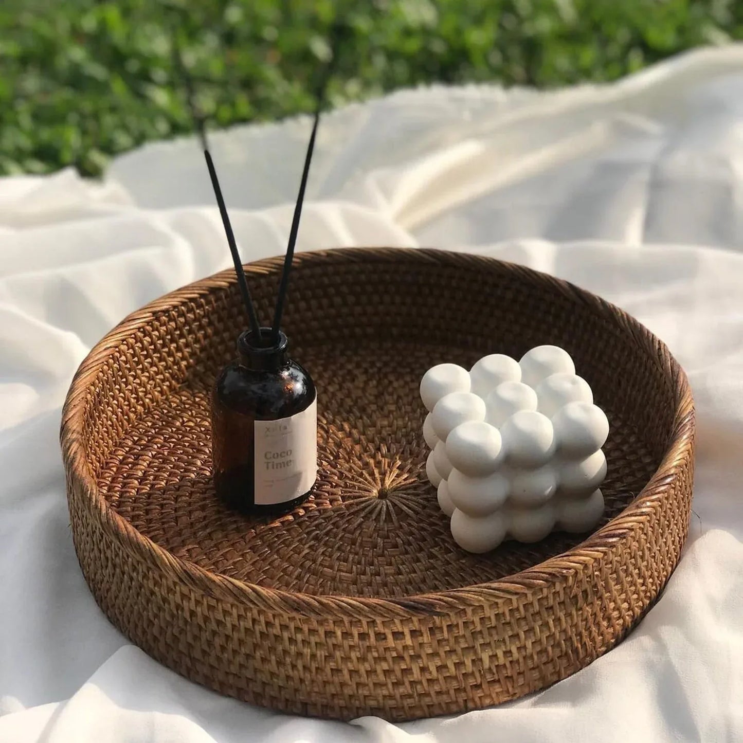 Brown Round Rattan Decorative Tray