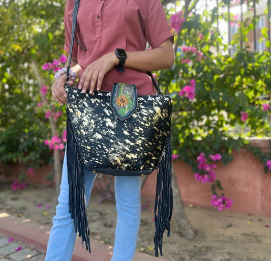 Tooled Leather Metallic Cowhide Tote Bag