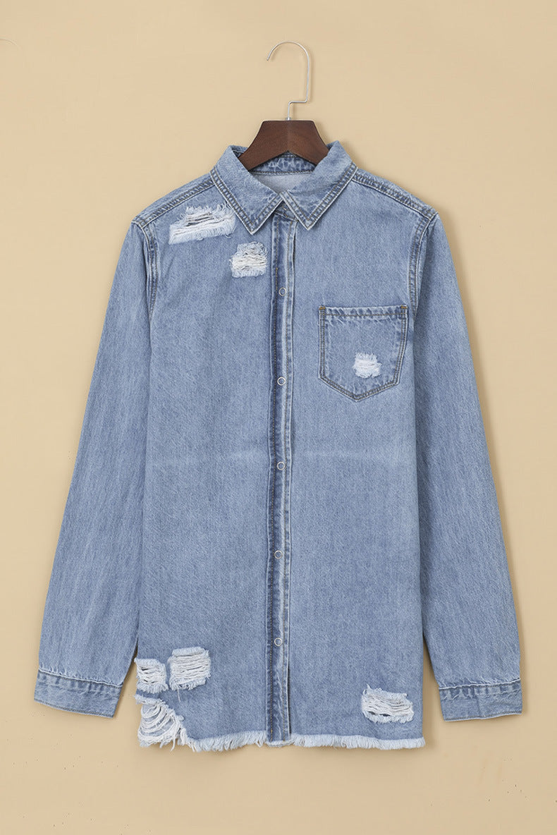 Oversized Distressed Denim Jacket Mid-Length