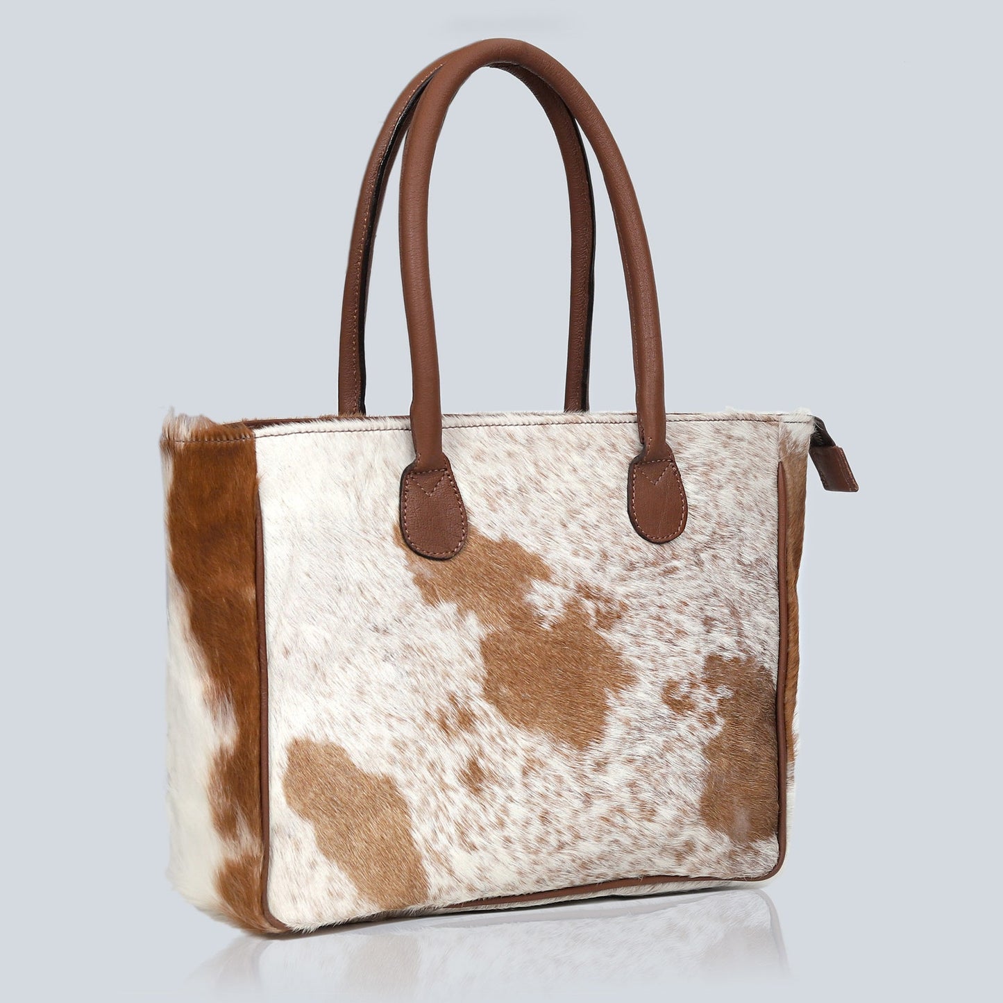 Genuine Cowhide Tote Bag Brown White