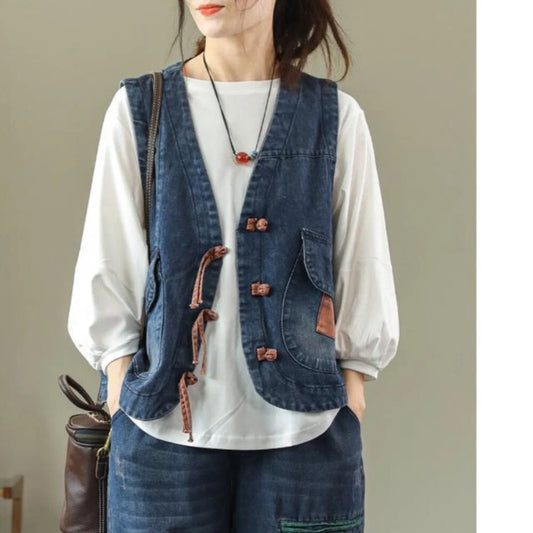 Retro Knot Button Jean Jacket Vest Womens