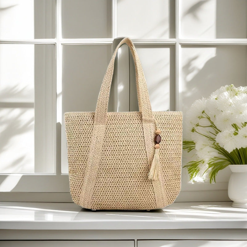 Beach Straw Tote Handbag for Women with Tassel Charm