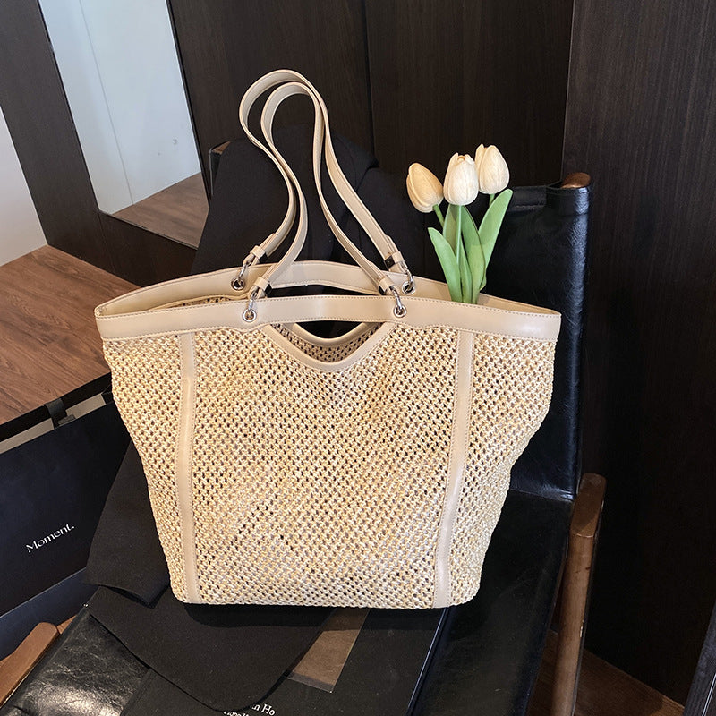 Woven Straw Beach Bag with PU Leather Trim