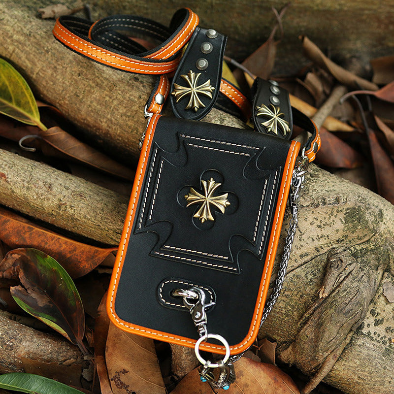 Leather Crossbody Phone Bag with Gothic Cross Hardware