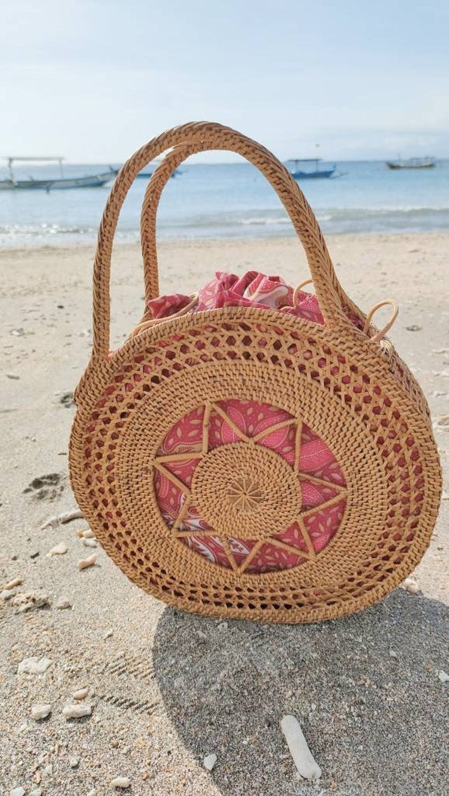 Handwoven Bali Rattan Bag with Batik Lining Round Ata Beach Tote