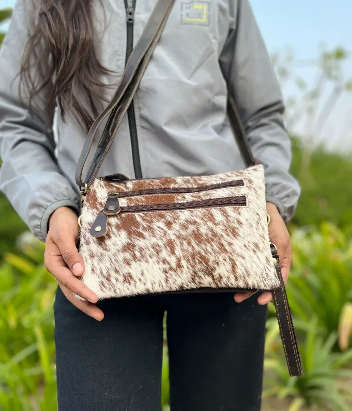 women cowhide crossbody bag brown white