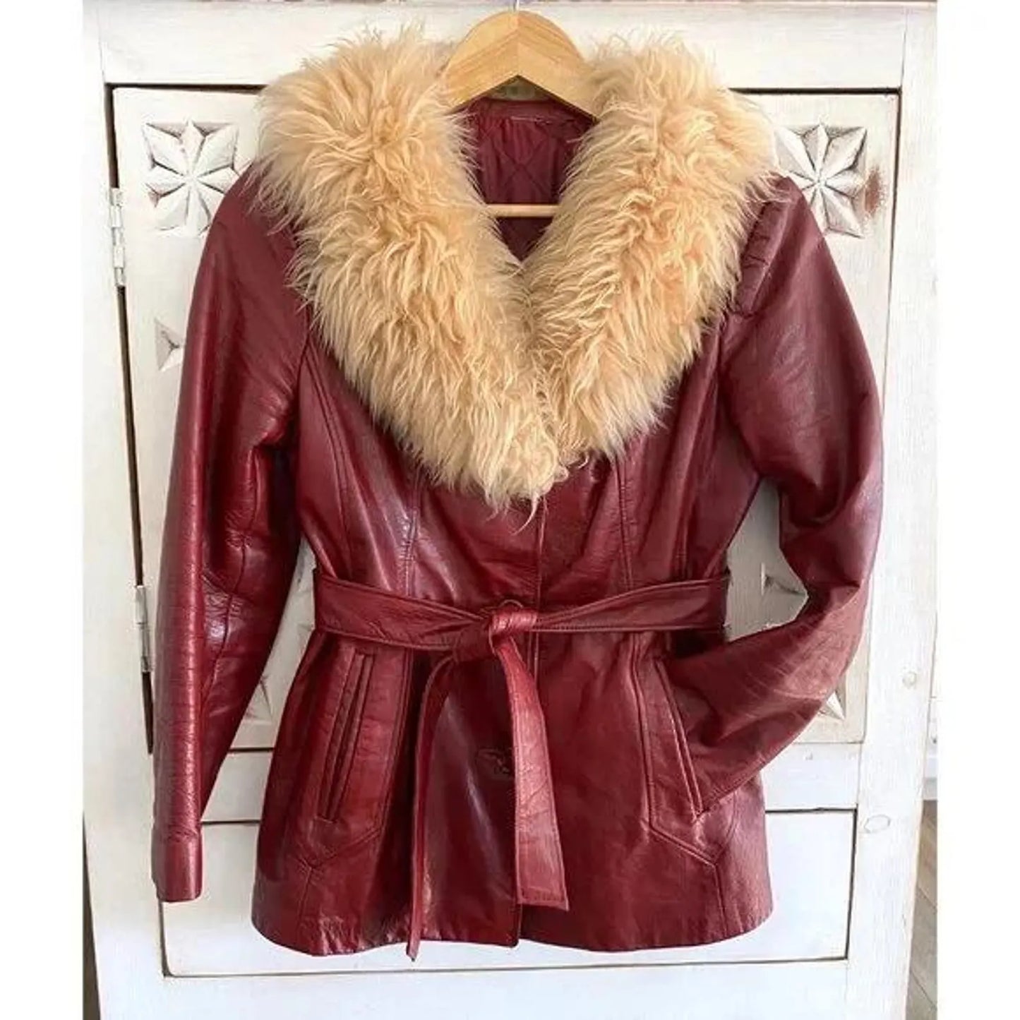 maroon leather jacket for women with fur