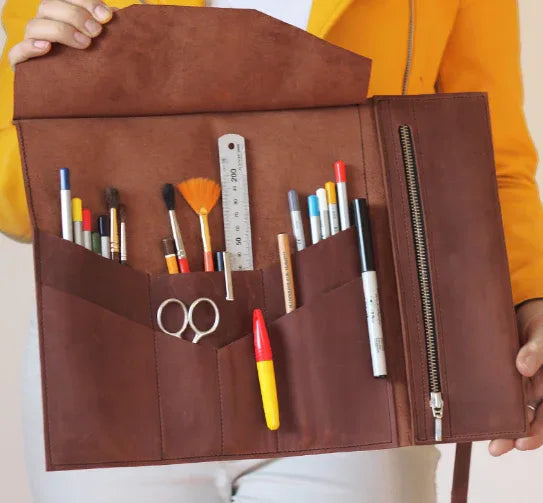 Genuine Leather Pencil Pen Roll Bag With Zipper