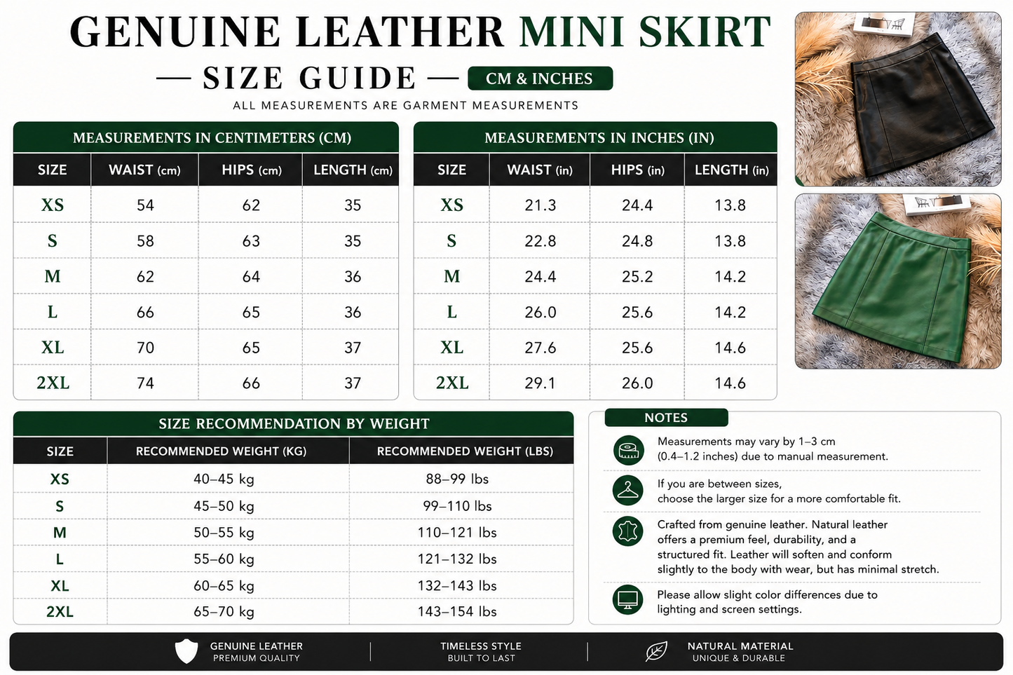 Women's mini leather skirt in black and green