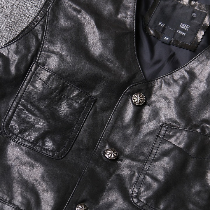 Men Leather Vest Sheepskin Black V-Neck Button Waistcoat
