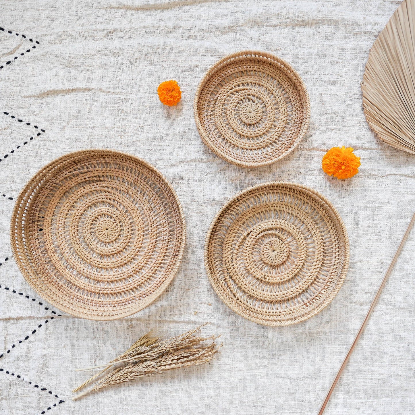 Three Round Rattan Tray Wicker Storage