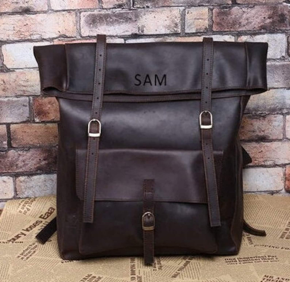 Full Grain Leather Roll Up Backpack Boho Living Room