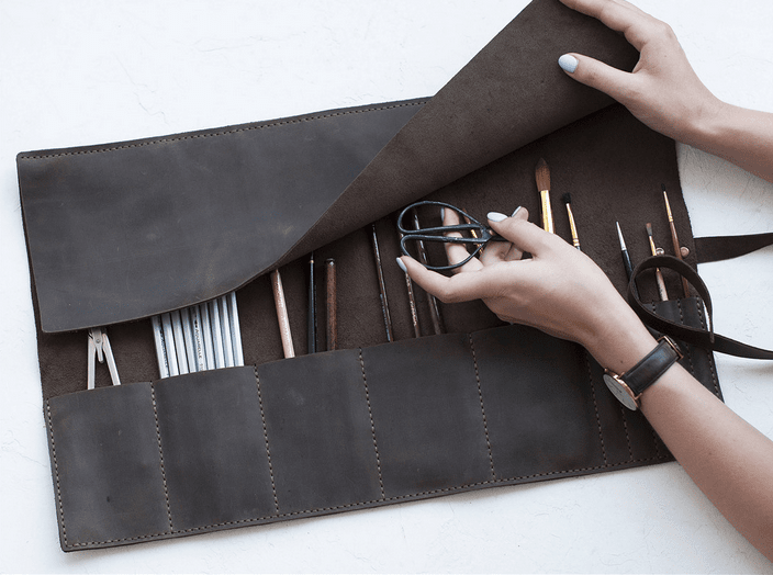 Genuine Leather Pencil Pen Bag Pocket Roll