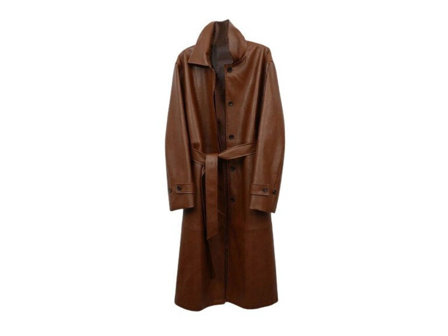 Brown Leather Trench Coat for Women with Belted Waist