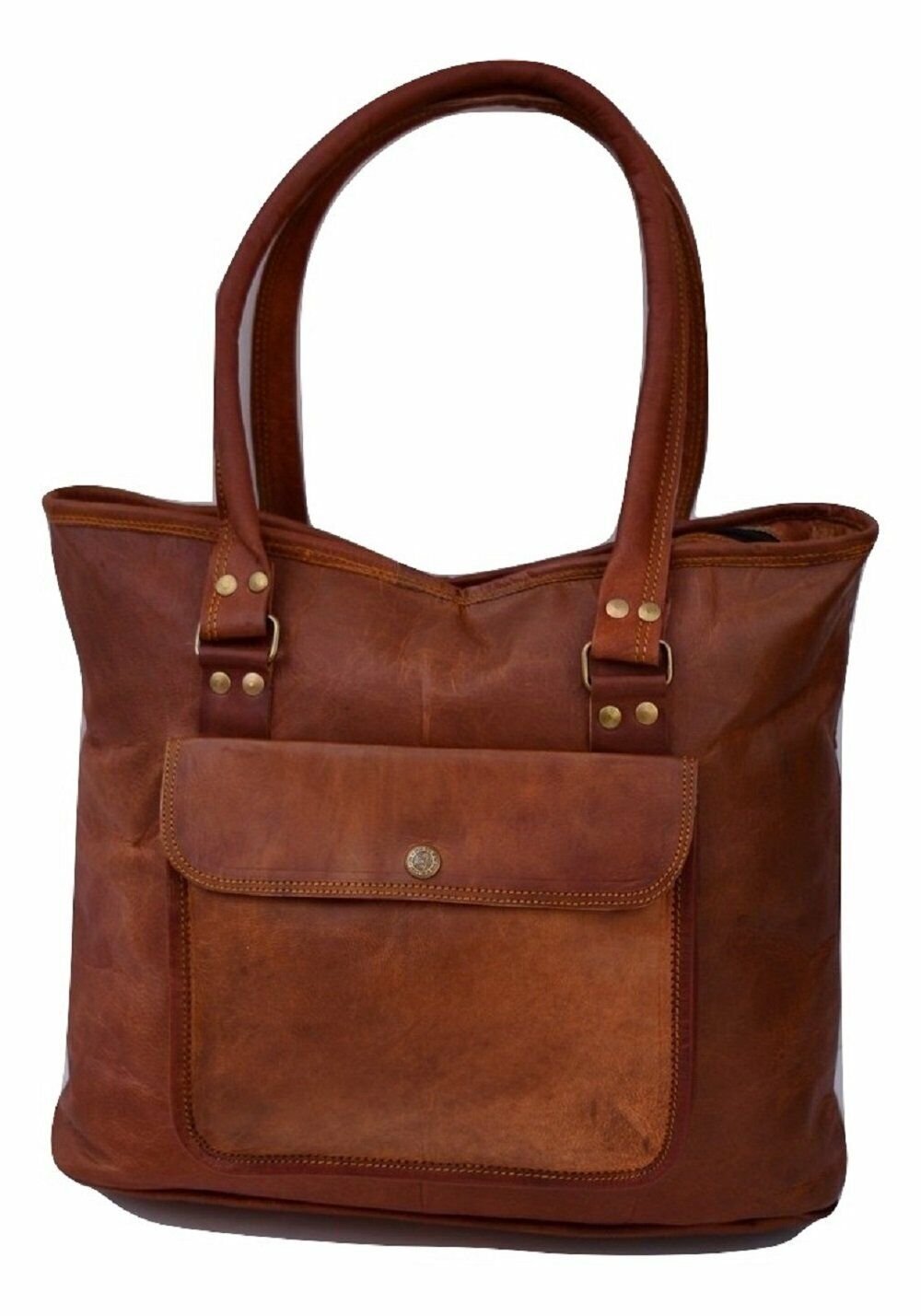 Handmade Leather Tote Bag for Women with Front Pocket