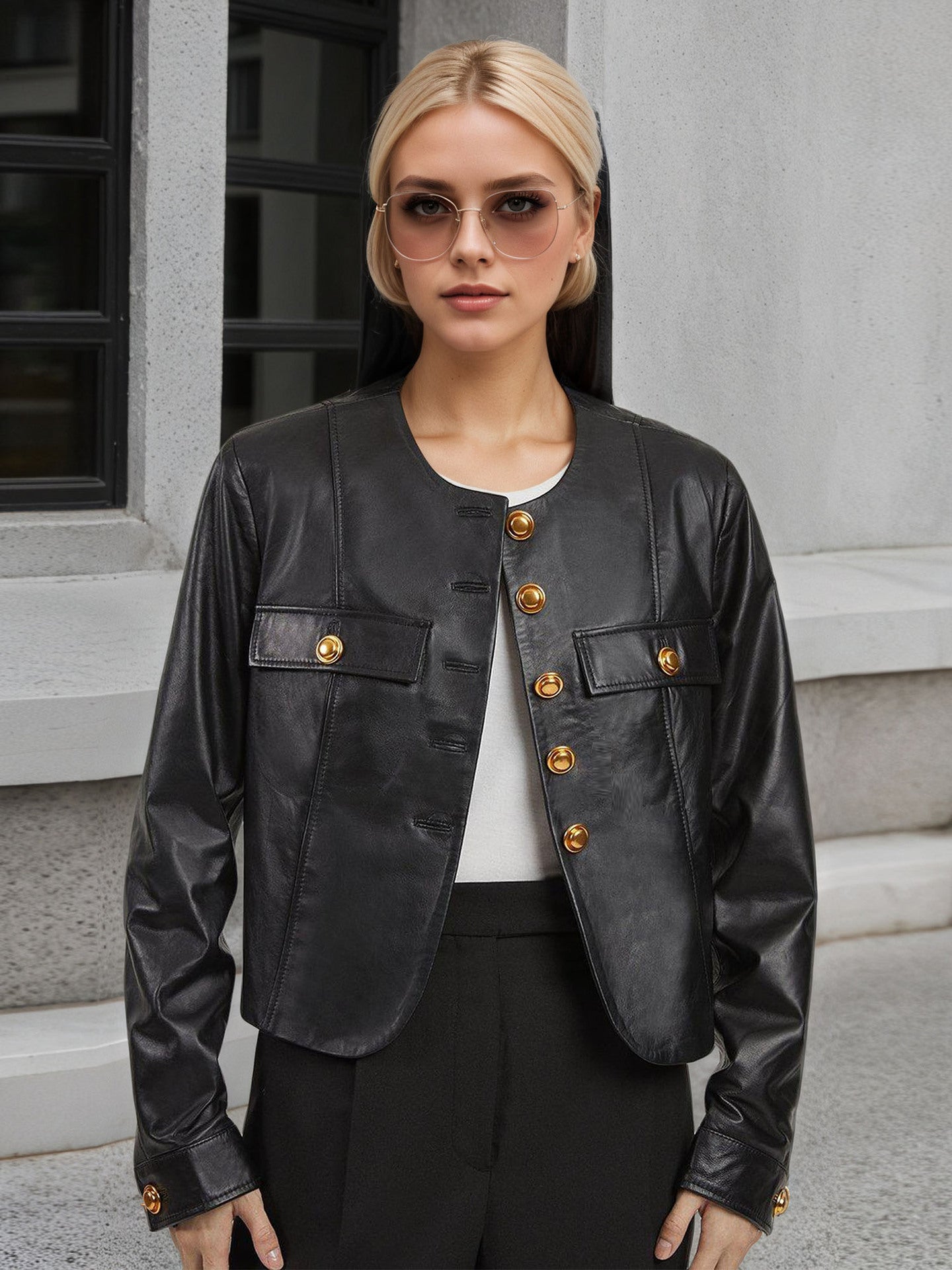 Cropped Faux Leather Jacket with Gold Buttons for Women