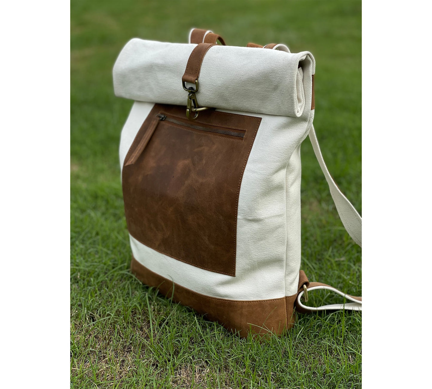 Roll Top Leather Canvas Backpack for Men with Front Pocket