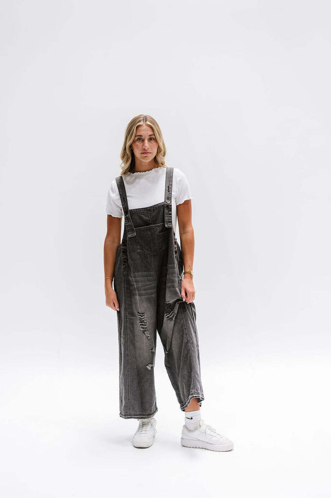 Distressed Denim Overall Dress Wide Leg Jumpsuit
