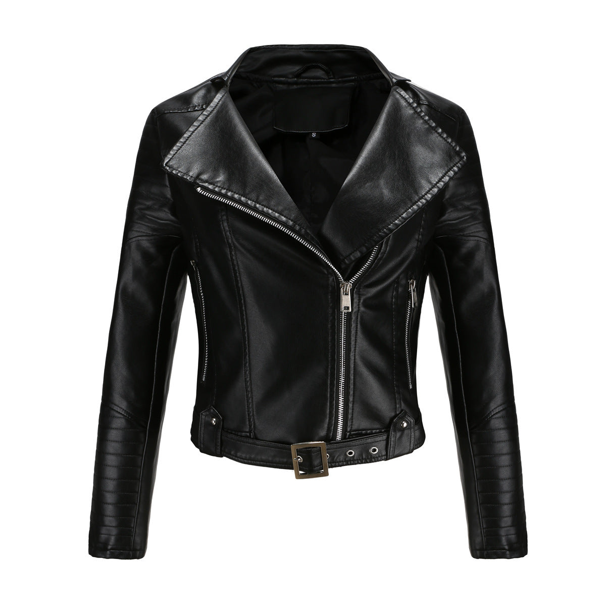 Women’s Faux Leather Motorcycle Jacket with Belt
