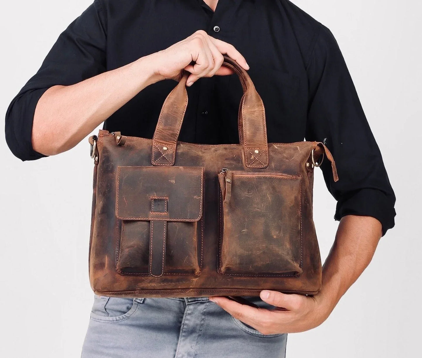 Genuine leather laptop messenger bag