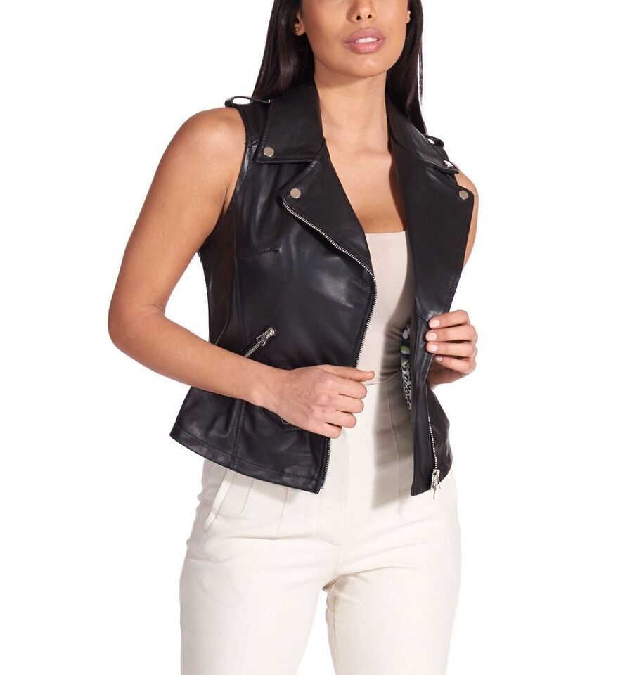 Black Leather Vest Women Sleeveless Biker Jacket