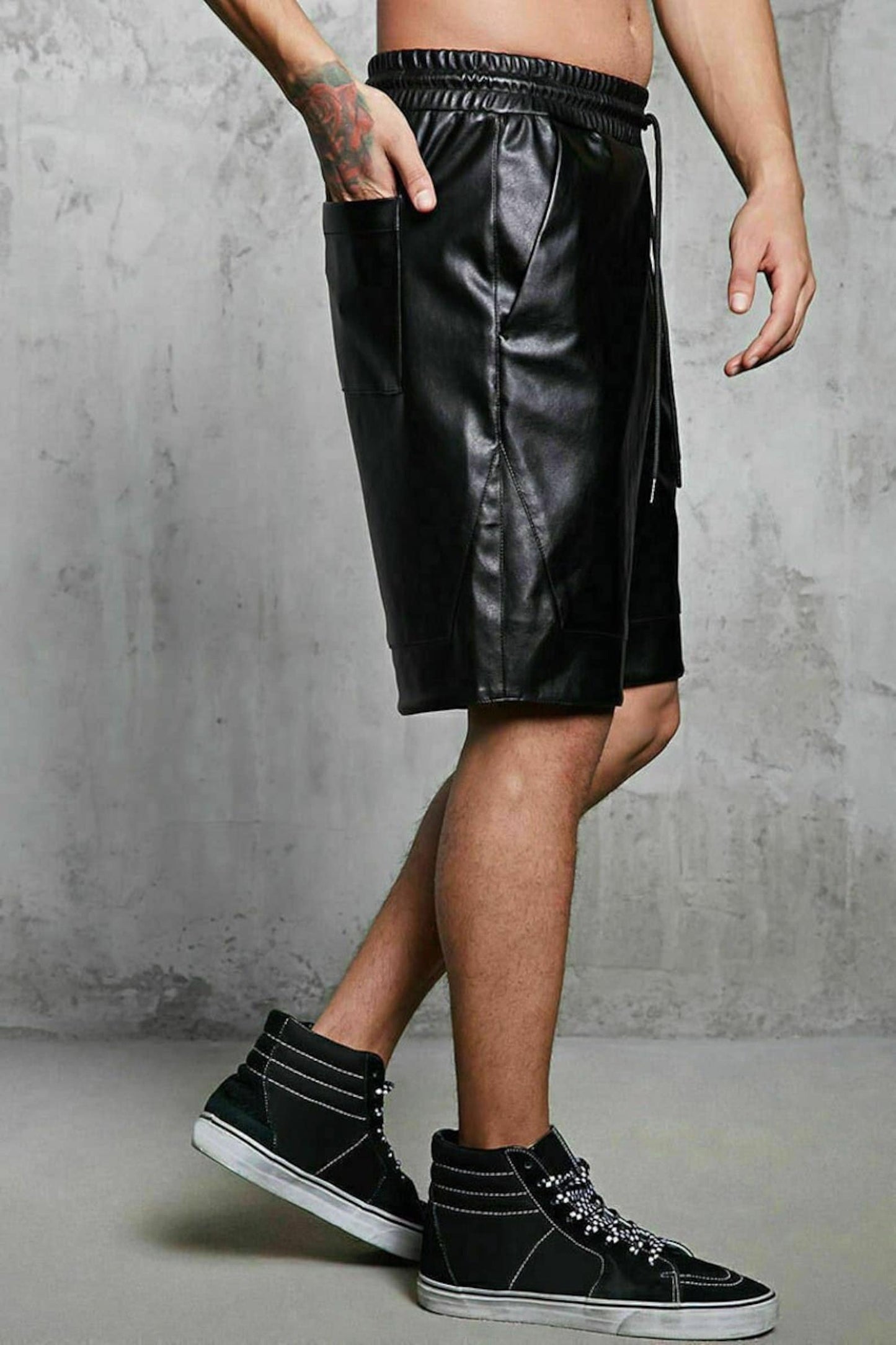 Men Black Genuine Leather Shorts with Drawstring Waist