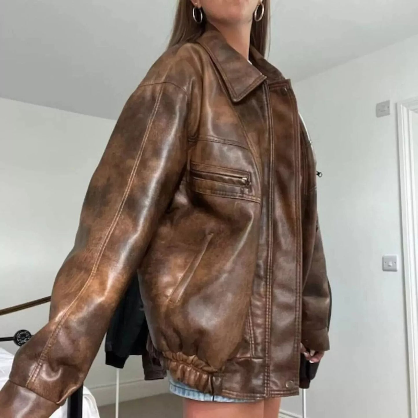 Loose fit leather jacket women