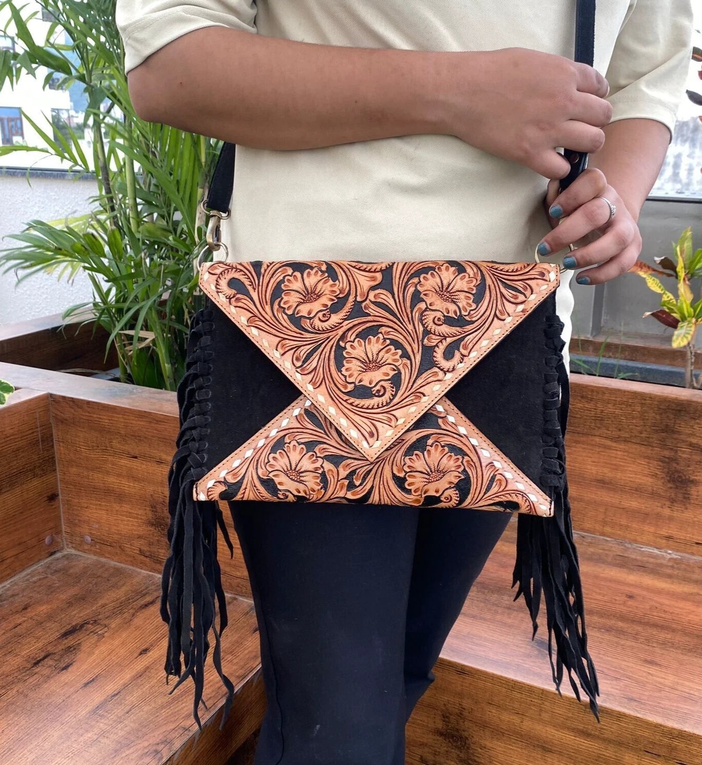 Western Tooled Leather Crossbody Purse with Fringes