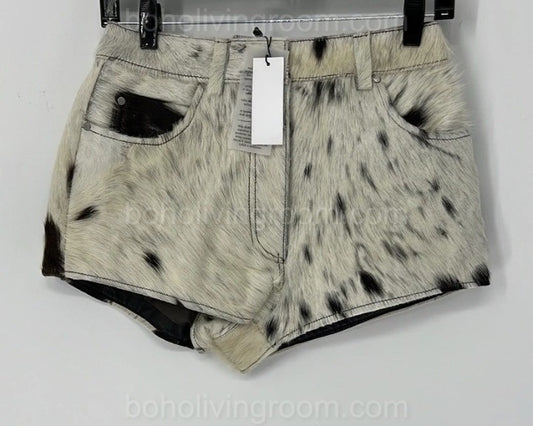 Turn heads in these black white cowhide shorts made from real cow fur—perfect for rodeos, country events, or western looks in places like Hamilton, New Zealand.