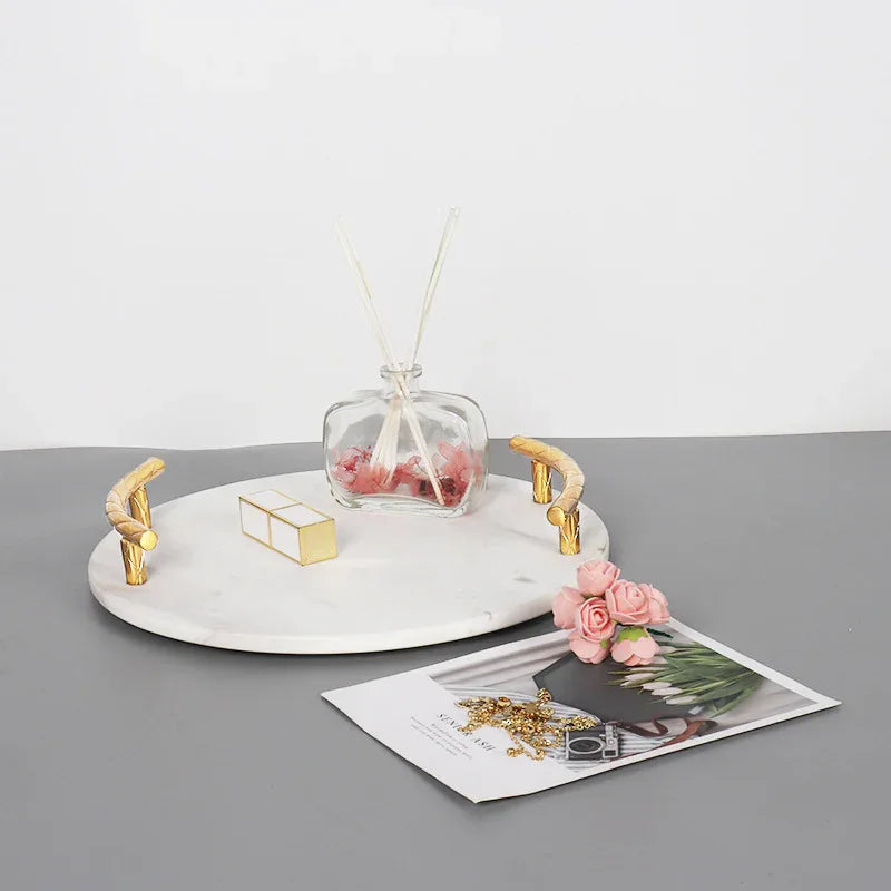 Round Marble Tray with Golden Handles Serving & Vanity Tray