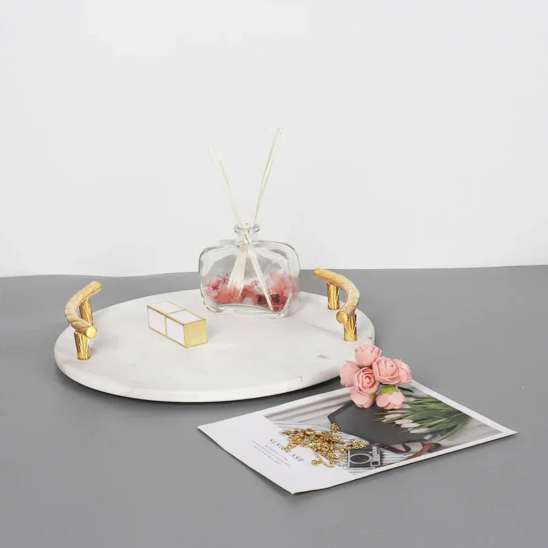 Round Marble Tray with Golden Handles Serving & Vanity Tray