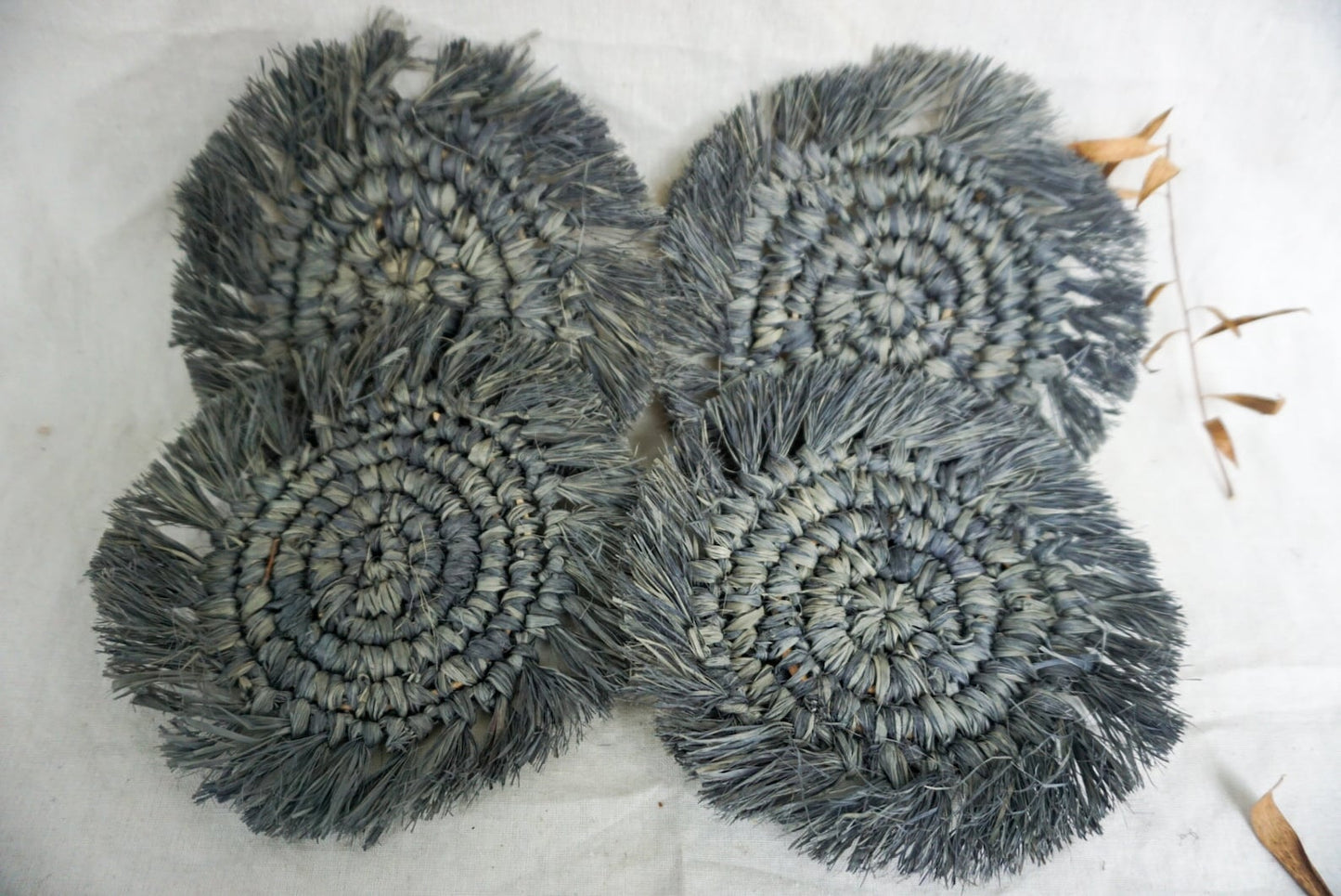 Gray Round Raffia Fringe Coaster Set