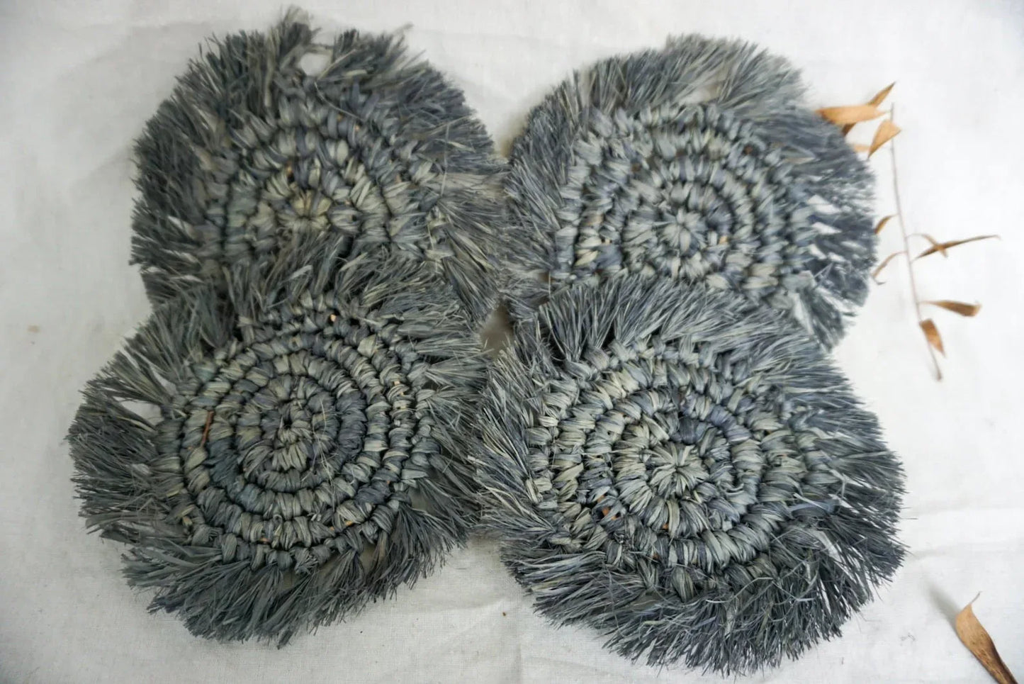 Gray Round Raffia Fringe Coaster Set
