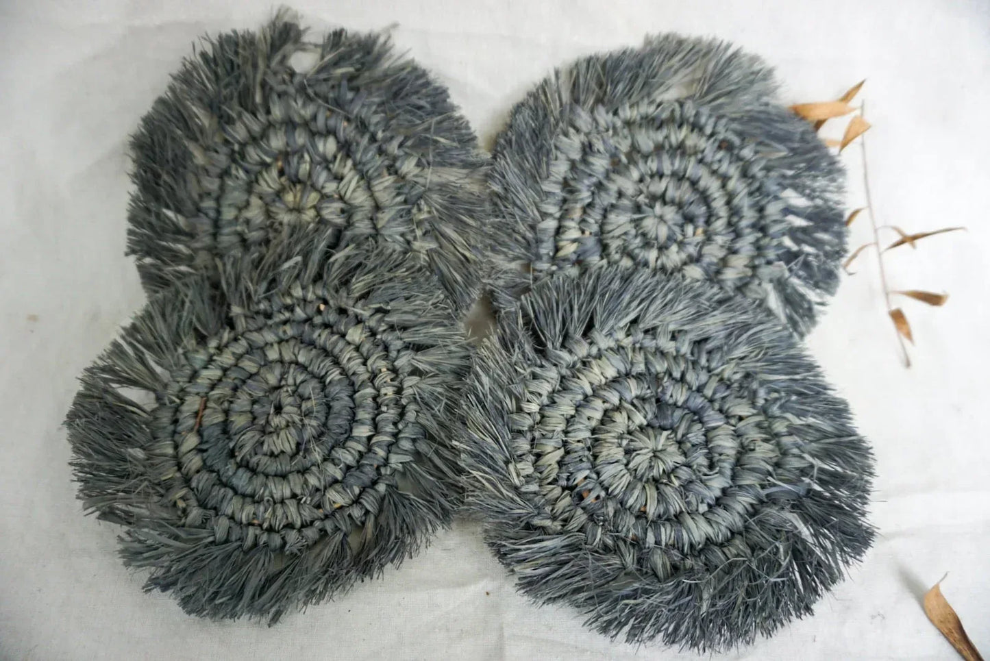 Gray Round Raffia Fringe Coaster Set