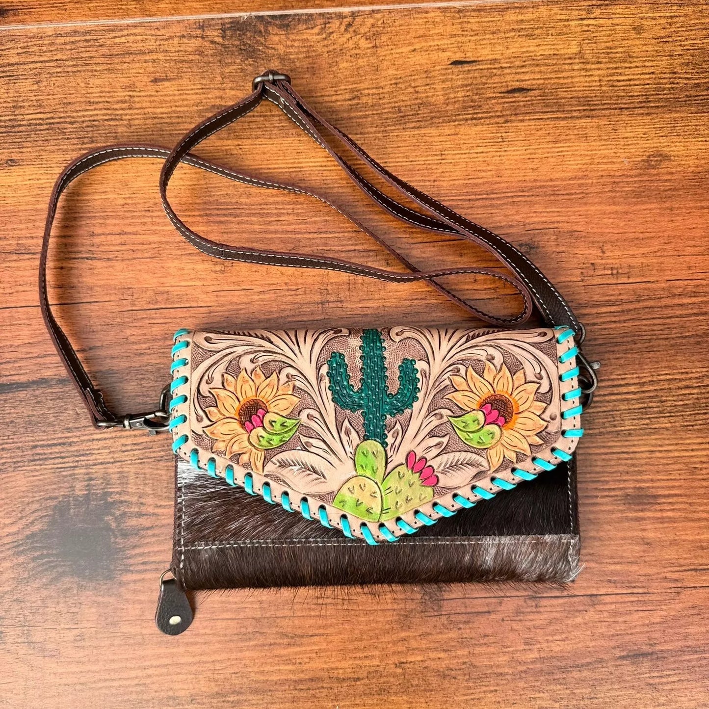 Western Hair On Wallet Tooled Leather Crossbody Sling Bag