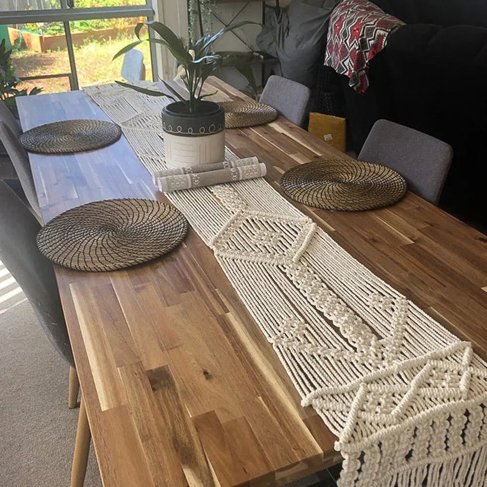 Boho Macrame Table Runner with Tassels Handwoven Cotton Rope